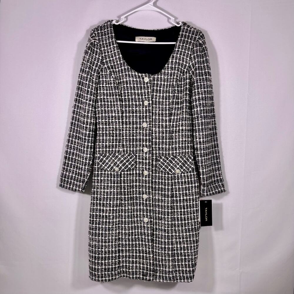 NWT Taylor Black & White Tweed Bouclé-Knit Button-Front Dress Size 12 T6
